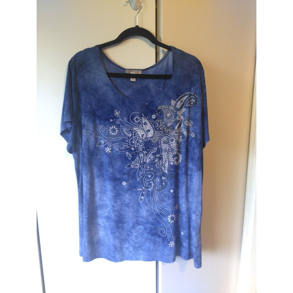 Y2K Women Floral Paisley Embellished Tunic Top Size 3x Fits XL Rhinestones Boho